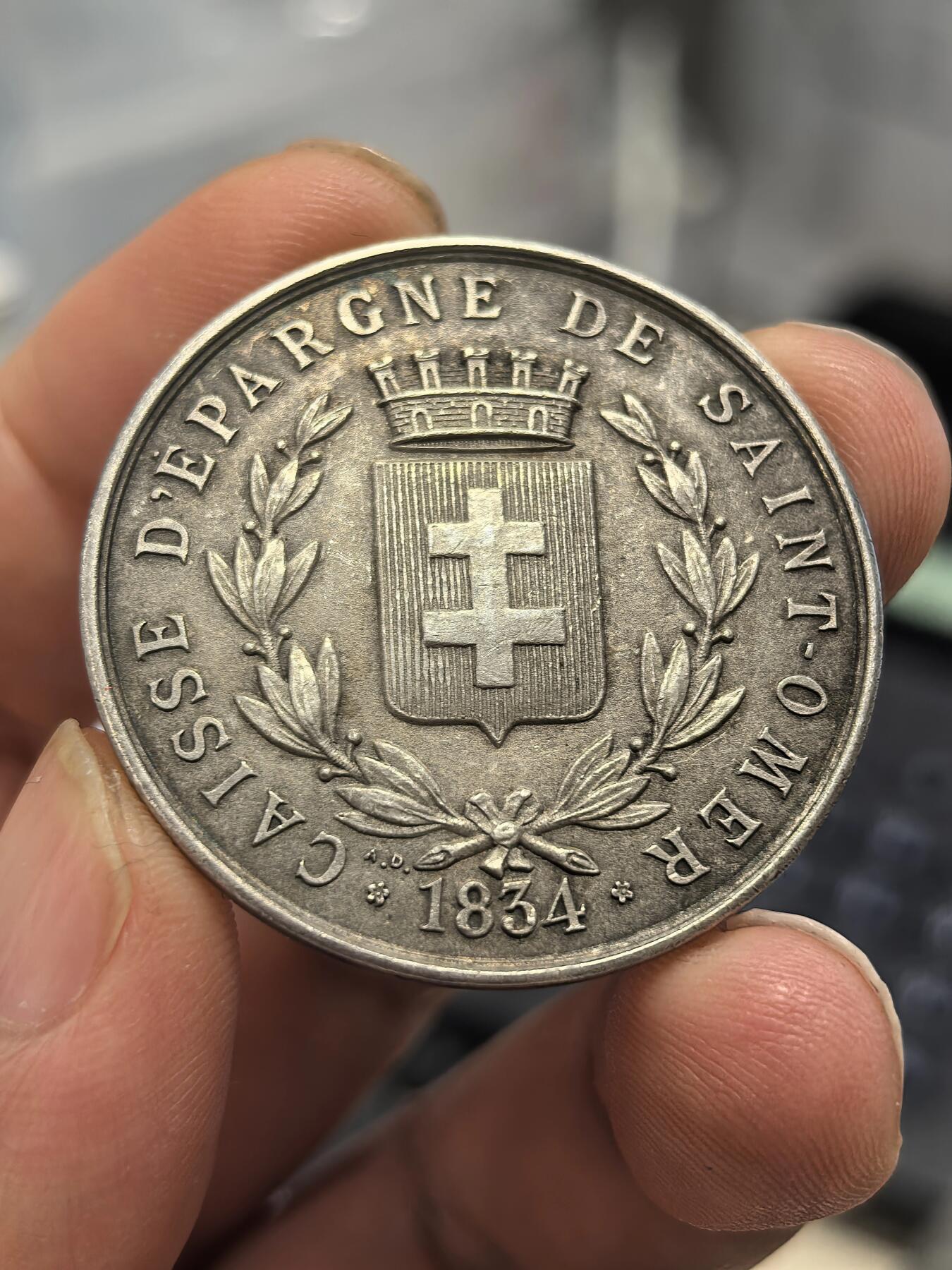 博洋堂世界钱币拍卖第168期（全场包邮） 法国1834年圣奥梅尔储蓄银行银章，36.5mm，17.4g，菱形+ARGENT+野猪头（二十世纪初银标），1834旁有个A.D签名，应该是Alphée Dubois作品