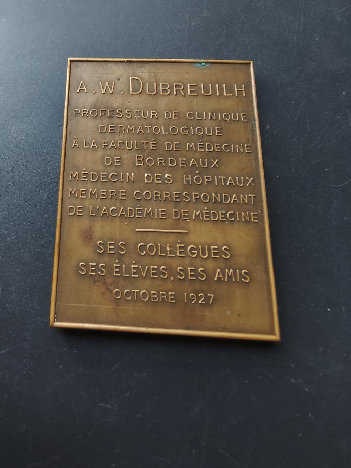 老王徽章第192期 法国波尔多大学皮肤科教授A.W.杜布雷伊方形大铜章       尺寸46×62mm      重量90.7g