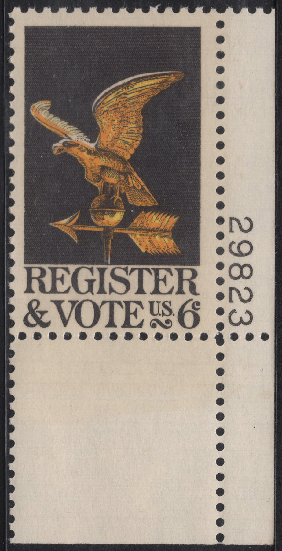洪涛臻品批发群 精选邮票限时拍卖第1316期  1968美国民主选举活动-鹰徽箭头1全雕刻版 右下角边版号新票原胶全品！