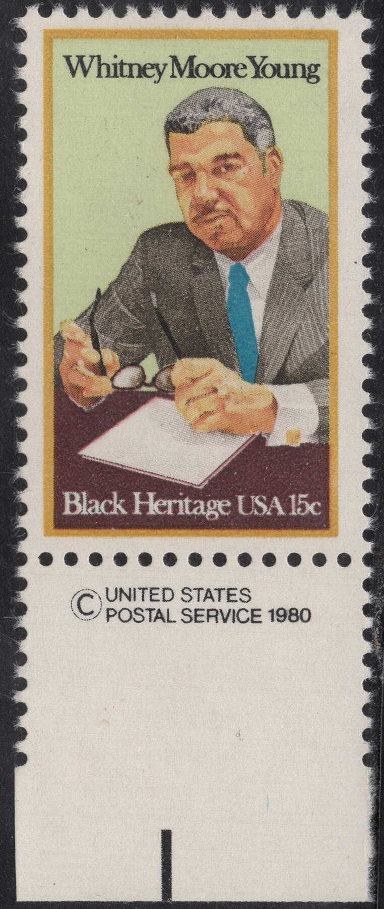 洪涛臻品批发群 精选邮票限时拍卖第1316期  1981美国杰出黑人民权领袖 摩尔·杨 雕版1全套版铭 原胶全品！