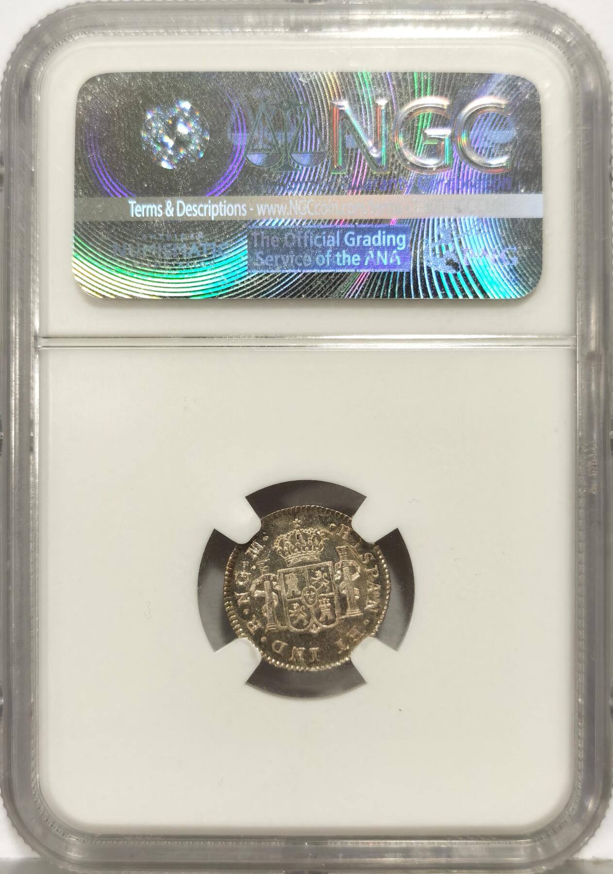 博洋堂世界钱币拍卖第168期（全场包邮） NGC MS64 西属危地马拉1820年费迪南七世1/2R小银币 五彩包浆 镜面底板 状态非常好 少见的小面值双柱 足以自藏的一枚 老盒严评 出自名家旧藏但未被标注 各位藏家把握入手机会 近期麦稀奇墨西哥63分1/2r价格就已经达到2000元不含佣金 危地马拉比墨西哥 秘鲁 玻利维亚都要少