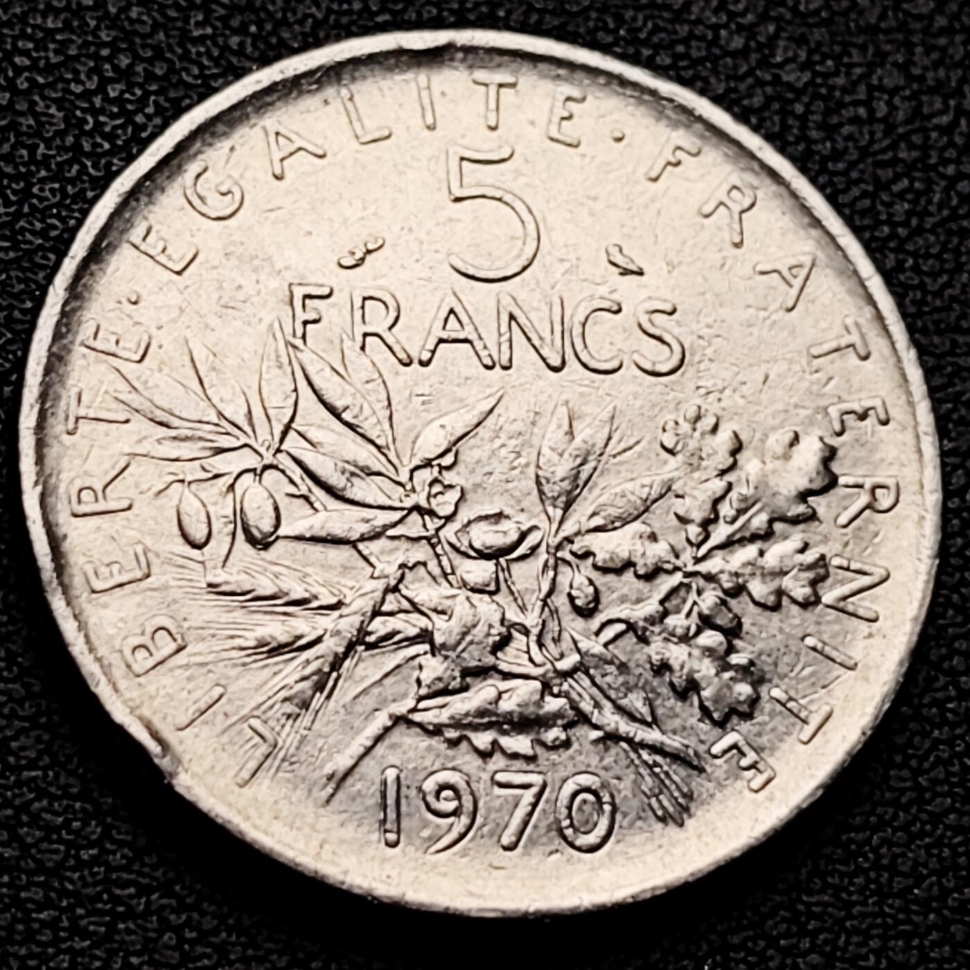 泉币菌-第227场-拍品多 请提前出价 法国早期（1970年）5法郎大镍币 29MM 播种女神 入欧前末版 绝版币