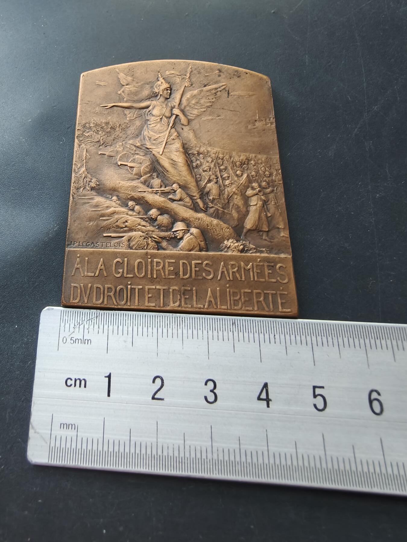 老王徽章第192期 法国一战“权利与自由”军队致敬方形大铜章       尺寸48×60mm     重量80g