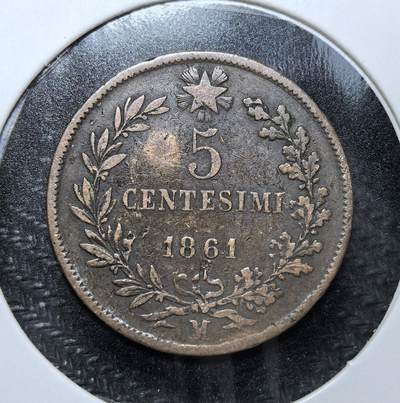 外国优质老铜币纪念币银币专场，周六晚上九点倒数截拍，满百包邮，周日发货,可寄存半年，喜欢朋友微信扫描二维码可直接参拍 - 意大利王国1861年5分M版，正面为维托里奥・埃马努埃莱二世国王像，背面是星徽与月桂环，是意大利统一开国首版流通辅币，见证意大利统一货币史。