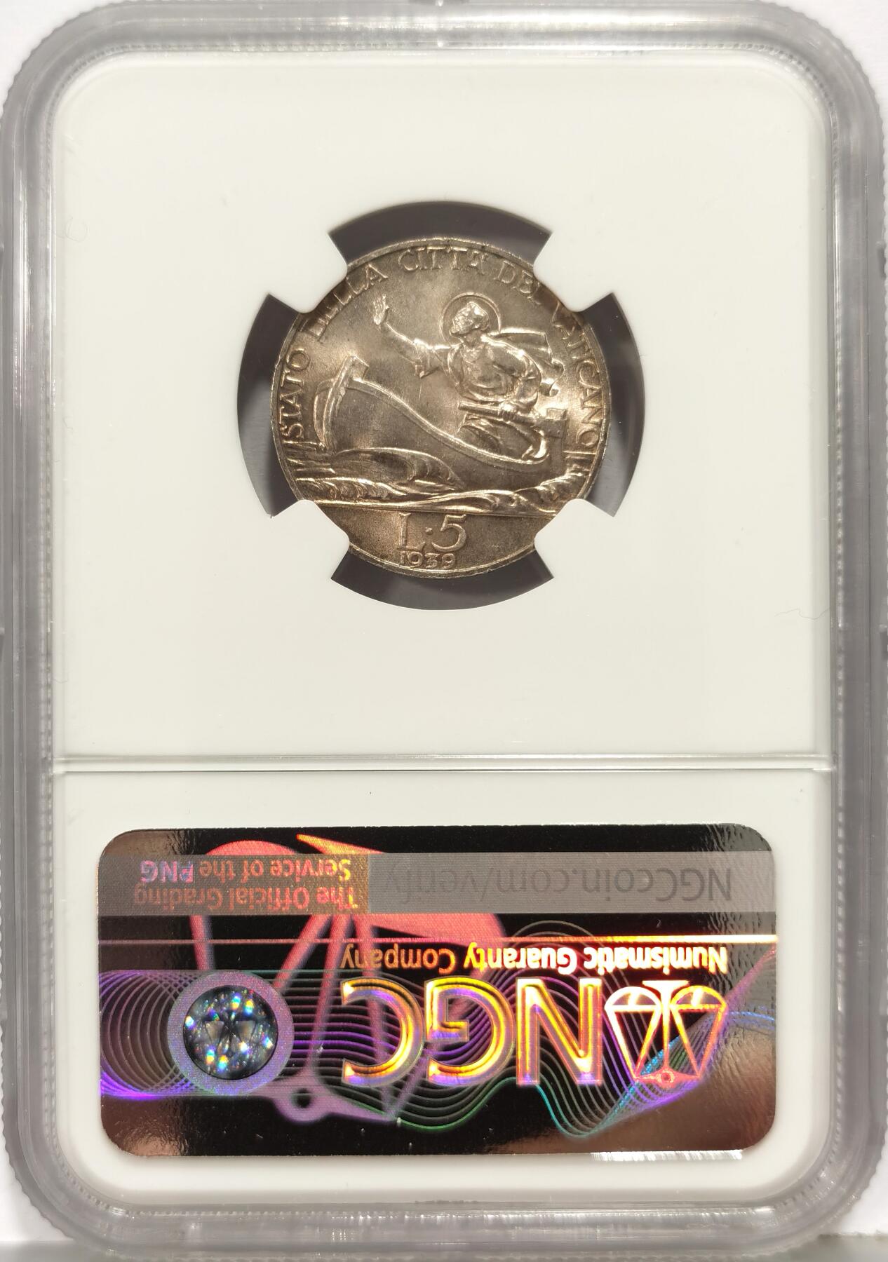 博洋堂世界钱币拍卖第168期（全场包邮） NGC MS65 梵蒂冈1939年5里拉银币，极美五彩转光，无可挑剔的品相，一步到位。