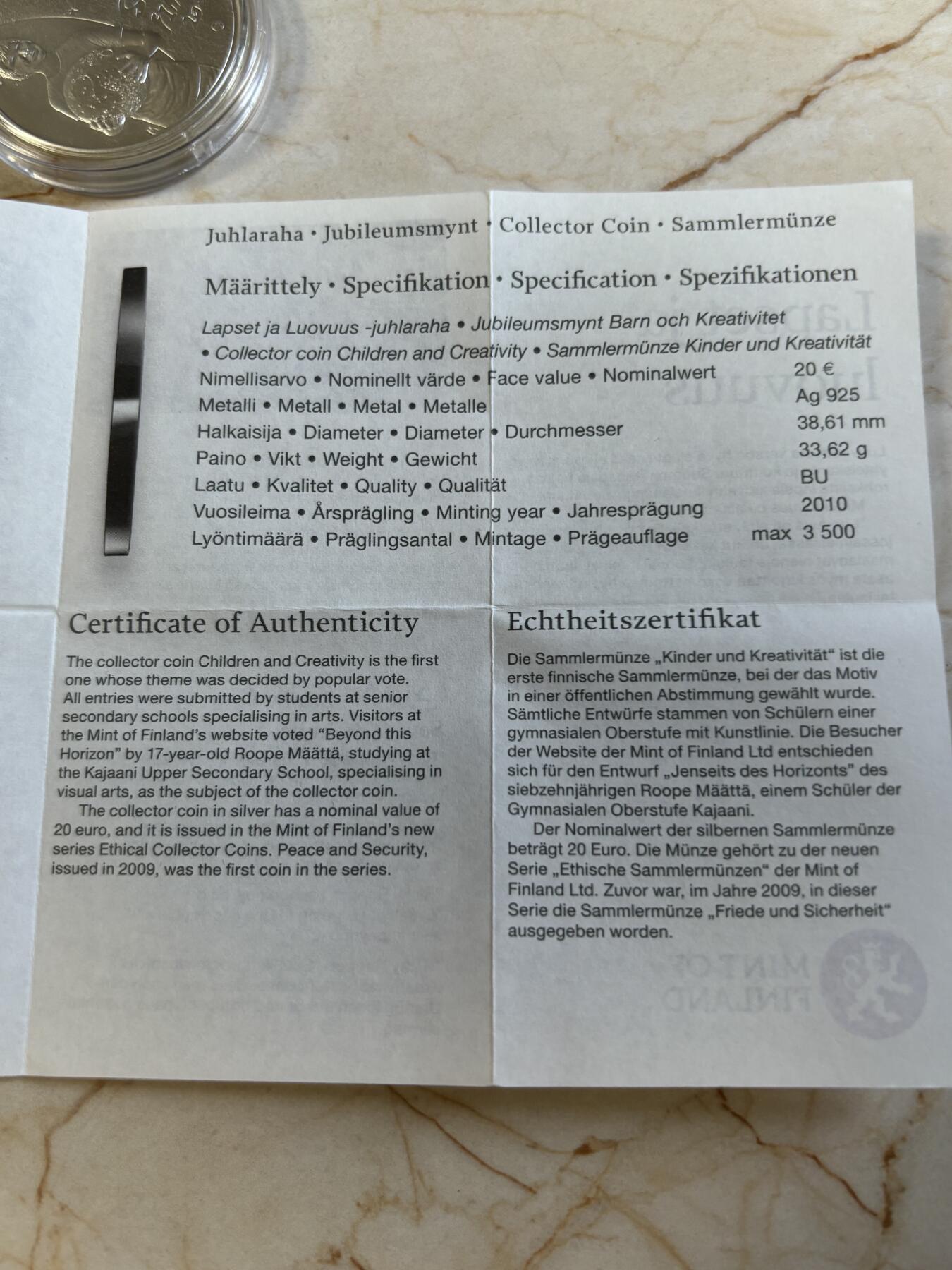 第197期拍卖 获奖币芬兰2010年儿童与创造力彩色精制纪念银币，925银，33.62克，发行10000枚，获得克劳斯2012年度最富激情币大奖