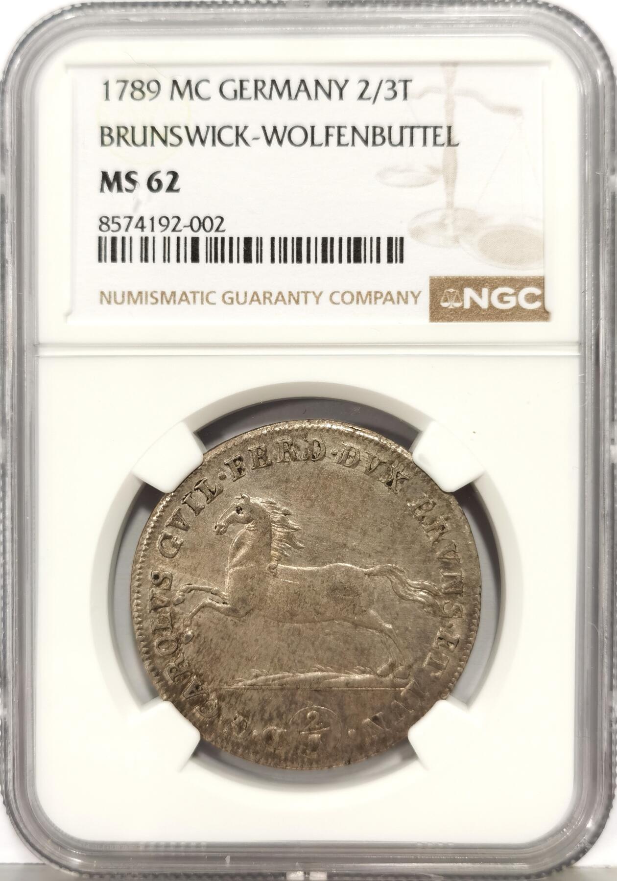 博洋堂世界钱币拍卖第168期（全场包邮） NGC MS62 德国布伦瑞克-沃尔芬堡1789年飞马2/3流通泰勒，稀少的品种和品相，淡金包浆！