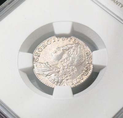 甄臻铺-世界币章拍卖（第60期），甄品场拍品征集中，送拍享返佣金等优惠多多 NGC-AU58 1758年英国乔治二世6便士银币 成本180镑 淡金色包浆 细节深打