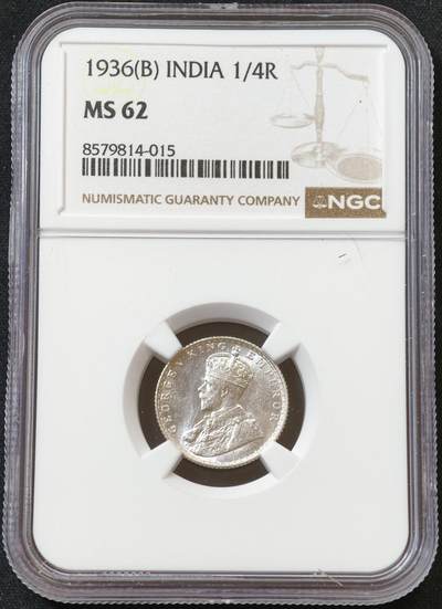 甄臻铺-世界币章拍卖（第60期），甄品场拍品征集中，送拍享返佣金等优惠多多 NGC-MS62 1936年乔治五世1/4卢比，卷拆状态