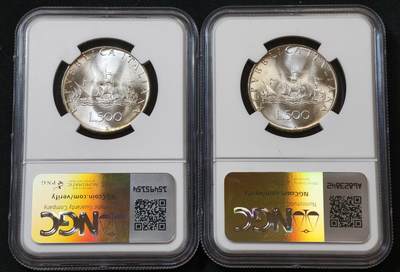 甄臻铺-世界币章拍卖（第60期），甄品场拍品征集中，送拍享返佣金等优惠多多 NGC-MS65 1966年意大利帆船少女，两枚一组，两枚都环彩包浆，状态极佳，不输67