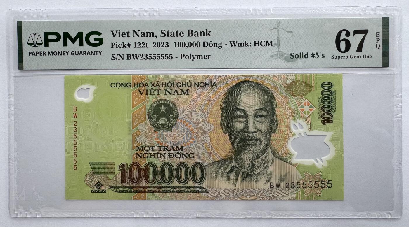 2026第7场（总第234期）：精品外钞、塑料钞、测试钞综合场  全同号555555 越南2023年版100000盾Guardian基材塑料钞（PMG67）