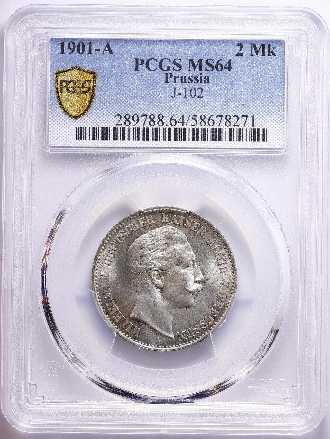 观钱 近现代机制币拍卖No.009（全场顺丰包邮，不区分偏远地区）  1901 年 A 厂 德意志第二帝国普鲁士王国 威廉二世 2 马克（2 Mk）银币（J-102） PCGS MS64