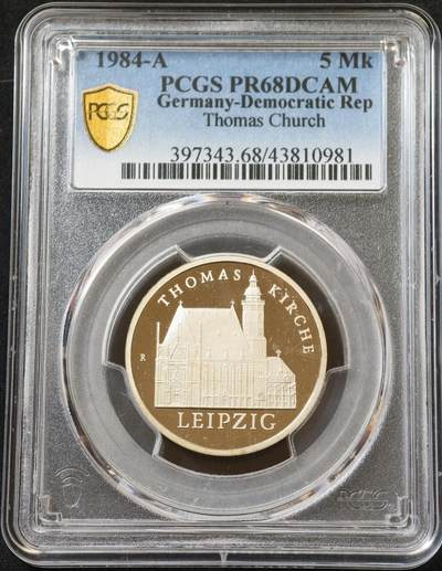 甄臻铺-世界币章拍卖（第60期），甄品场拍品征集中，送拍享返佣金等优惠多多 PCGS-PR68DCAM 民主德国1984年维滕贝格城堡教堂5马克纪念币