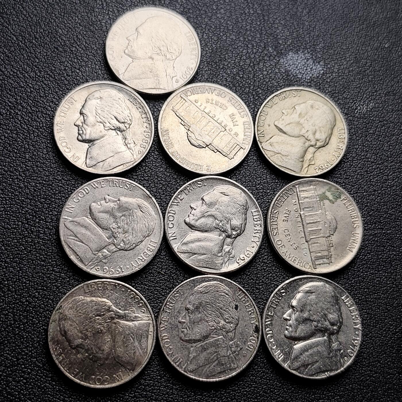 泉币菌-第227场-拍品多 请提前出价 10枚一组 美国杰斐逊纪念币 混合年份