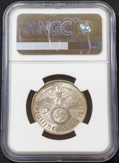 甄臻铺-世界币章拍卖（第60期），甄品场拍品征集中，送拍享返佣金等优惠多多 NGC-MS62 德国 1938年A厂 兴登堡带字5马克银币