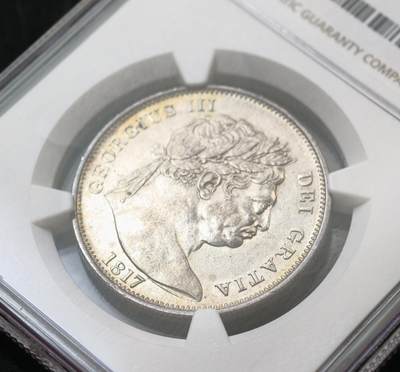 甄臻铺-世界币章拍卖（第60期），甄品场拍品征集中，送拍享返佣金等优惠多多 NGC-AUD 1817年英国乔治三世牛头半克朗，状态极佳，成本200镑，低评了