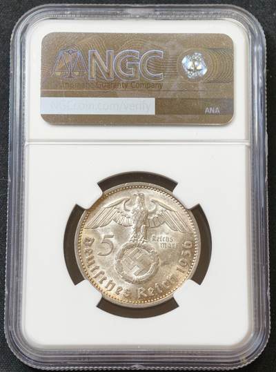 甄臻铺-世界币章拍卖（第60期），甄品场拍品征集中，送拍享返佣金等优惠多多 NGC-MS61 德国 1936年E厂 兴登堡带字5马克银币 少见厂别