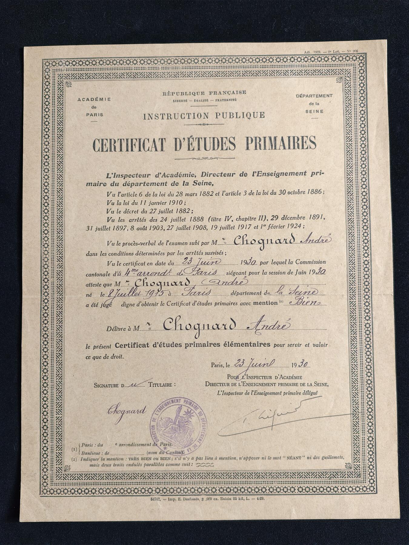 凯旋世界勋赏（第23期）（欢迎送拍）（对拍品有疑问请询问客服，不接受到手刀，出价默认拍品品相。请认真阅读拍卖规则！出价默认已认可！）（收到货请录制开箱视频，无视频概不处理问题。） 1930年巴黎塞纳省法国初等学业结业证书 