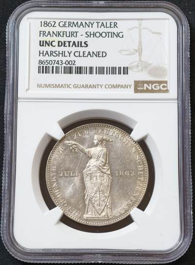 甄臻铺-世界币章拍卖（第60期），甄品场拍品征集中，送拍享返佣金等优惠多多 NGC-UNCD 1862年法兰克福射击节1泰勒银币，转光不错