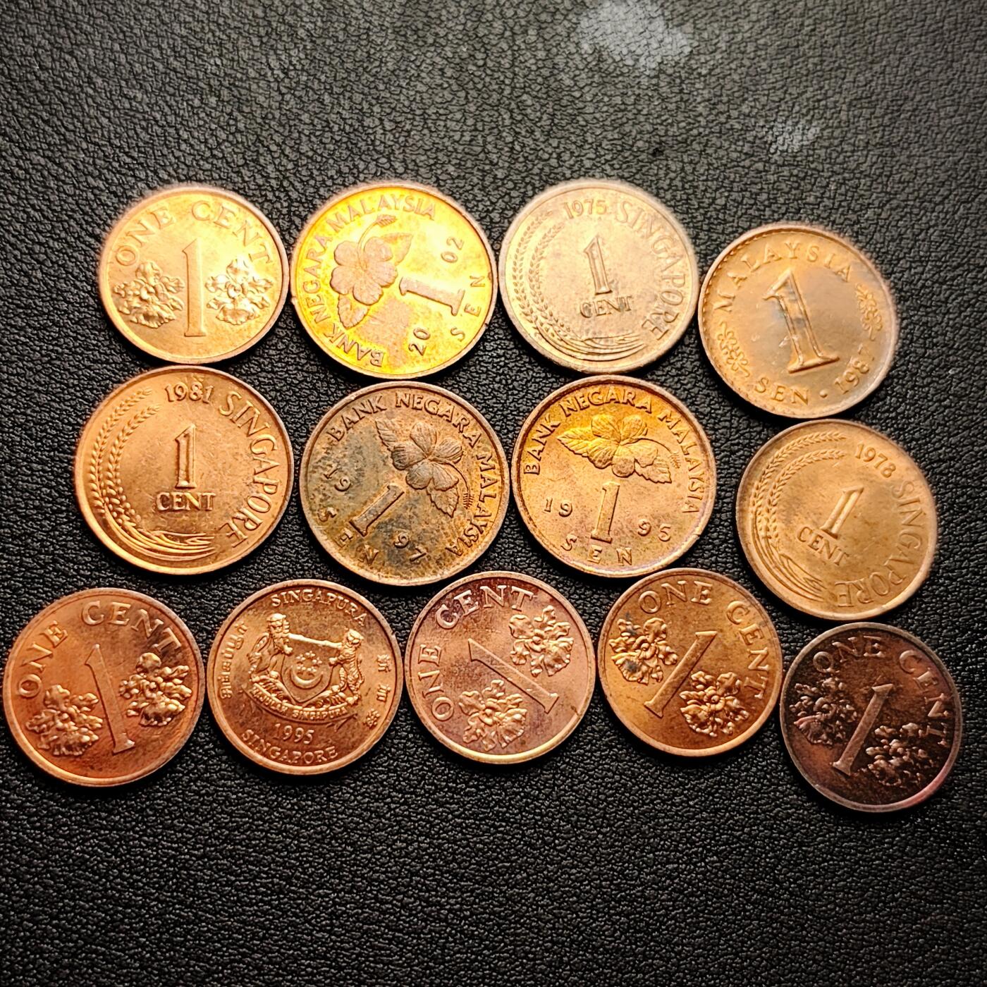 泉币菌-第227场-拍品多 请提前出价 13枚一组 马来西亚 新加坡一分铜币 混合