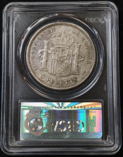 甄臻铺-世界币章拍卖（第60期），甄品场拍品征集中，送拍享返佣金等优惠多多 公博-AU55 1894(94)年 西班牙 双柱阿方索十三世爆炸头 5比塞塔 大银币 细节见图