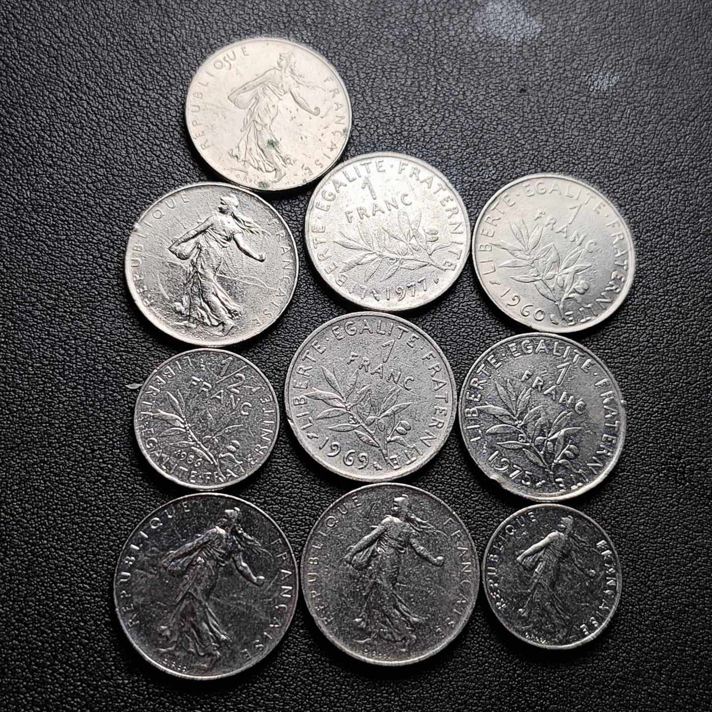 泉币菌-第227场-拍品多 请提前出价 10枚一组 法国法郎镍币 24mm混合年份