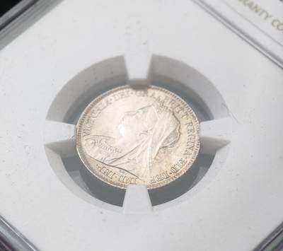 甄臻铺-世界币章拍卖（第60期），甄品场拍品征集中，送拍享返佣金等优惠多多 NGC-MS63 1901年披纱维多利亚6便士，淡紫色包浆，状态极佳