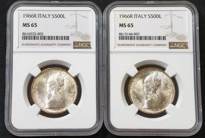 甄臻铺-世界币章拍卖（第60期），甄品场拍品征集中，送拍享返佣金等优惠多多 NGC-MS65 1966年意大利帆船少女，两枚一组，两枚都环彩包浆，状态极佳，不输67