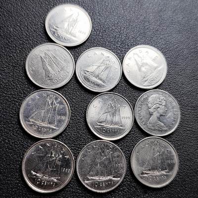 泉币菌-第227场-拍品多 请提前出价 - 10枚高币值一组 加拿大10分镍币 帆船 伊丽莎白二世 混合年份未挑