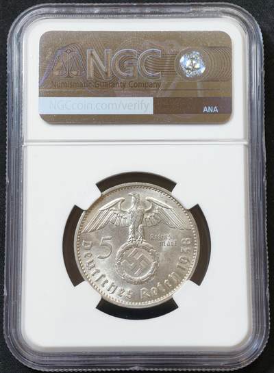 甄臻铺-世界币章拍卖（第60期），甄品场拍品征集中，送拍享返佣金等优惠多多 NGC-MS62 德国 1938年A厂 兴登堡带字5马克银币