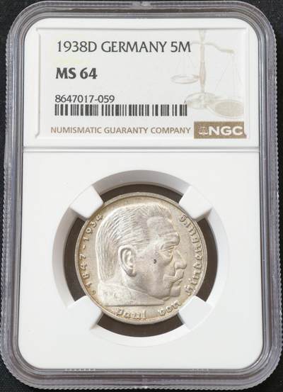 甄臻铺-世界币章拍卖（第60期），甄品场拍品征集中，送拍享返佣金等优惠多多 NGC-MS64 德国 1938年D厂 兴登堡带字5马克银币 BU宝石光泽 少见厂别 无需换藏的品相不容错过