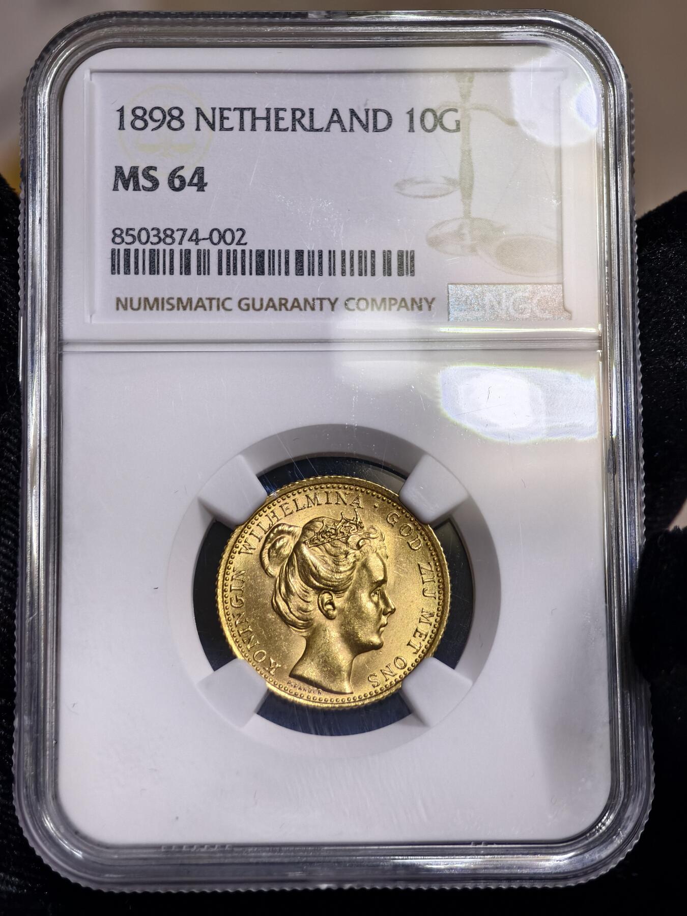 NGC-MS64荷兰1898年威廉明娜女王10盾金币金萝莉皇冠萝莉