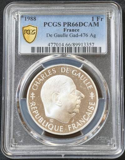 甄臻铺-世界币章拍卖（第60期），甄品场拍品征集中，送拍享返佣金等优惠多多 PCGS-PR66DCAM 法国1988年第五共和国30周年 戴高乐将军1法郎纪念大银币 22.2克900银 少见品种