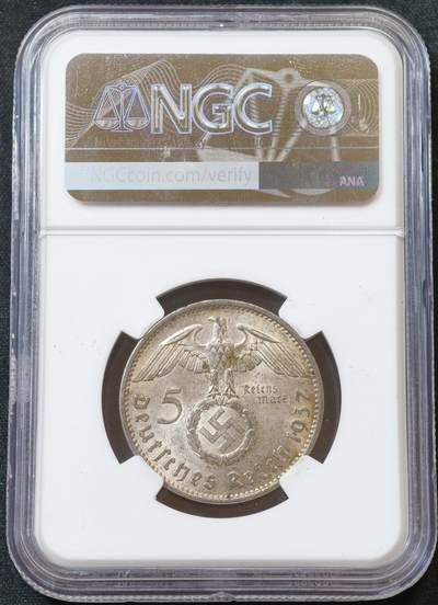 甄臻铺-世界币章拍卖（第60期），甄品场拍品征集中，送拍享返佣金等优惠多多 NGC-MS62 德国 1937年A厂 兴登堡带字5马克银币