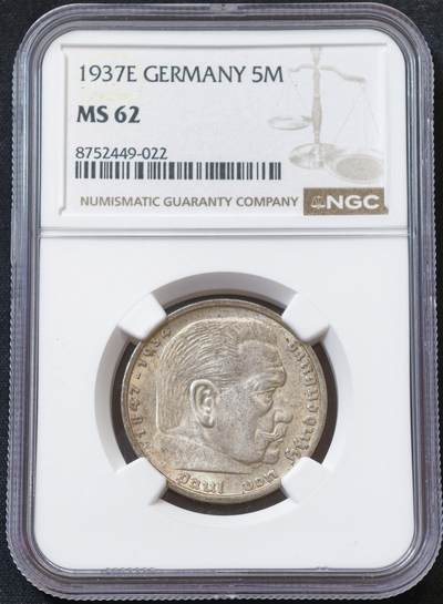 甄臻铺-世界币章拍卖（第60期），甄品场拍品征集中，送拍享返佣金等优惠多多 NGC-MS62 德国 1937年E厂 兴登堡带字5马克银币 少见厂别