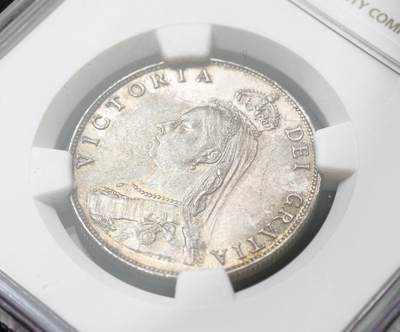 甄臻铺-世界币章拍卖（第60期），甄品场拍品征集中，送拍享返佣金等优惠多多 NGC-MS63 1887年高冠弗洛林2先令，酱彩很好看，背面幽蓝色，极美