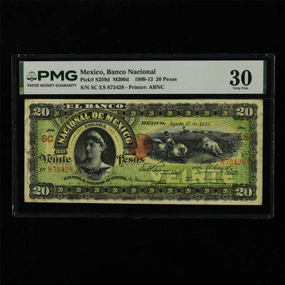 【亘邦集藏】第228期拍卖 - 1909-13年 墨西哥20比索 PMG 30 SC ES 873428