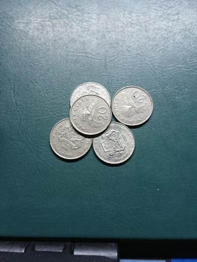 松南世界钱币——260415 新加坡高盾徽版本20分镍币5枚计1元4