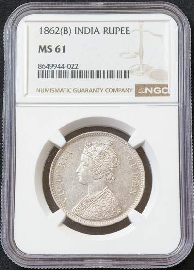 甄臻铺-世界币章拍卖（第60期），甄品场拍品征集中，送拍享返佣金等优惠多多 NGC-MS61 1862年英属印度双辫卢比