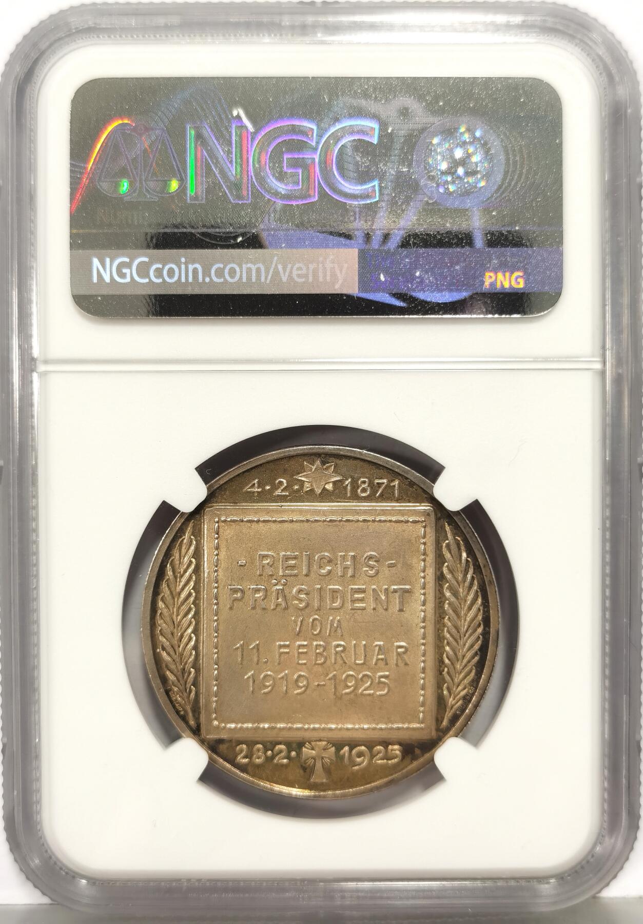 博洋堂世界钱币拍卖第168期（全场包邮） NGC MS63 德国魏玛1925年第一位总统弗里德里希-艾伯特逝世纪念大银章，金色包浆，极美！