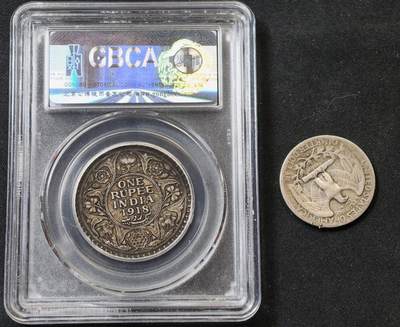 甄臻铺-世界币章拍卖（第60期），甄品场拍品征集中，送拍享返佣金等优惠多多 公博-AU53分 印度1918年乔治五世 1卢比高银银币及美国1944年华盛顿1/4美元高银银币