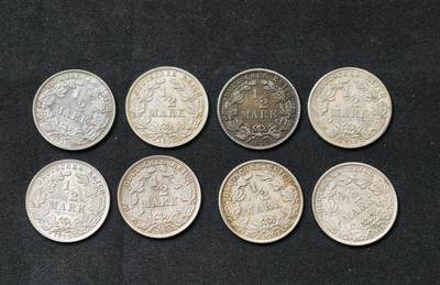 甄臻铺-世界币章拍卖（第60期），甄品场拍品征集中，送拍享返佣金等优惠多多 德国 1/2马克银币8枚 UNC-BU状态 精品辅币不容错过