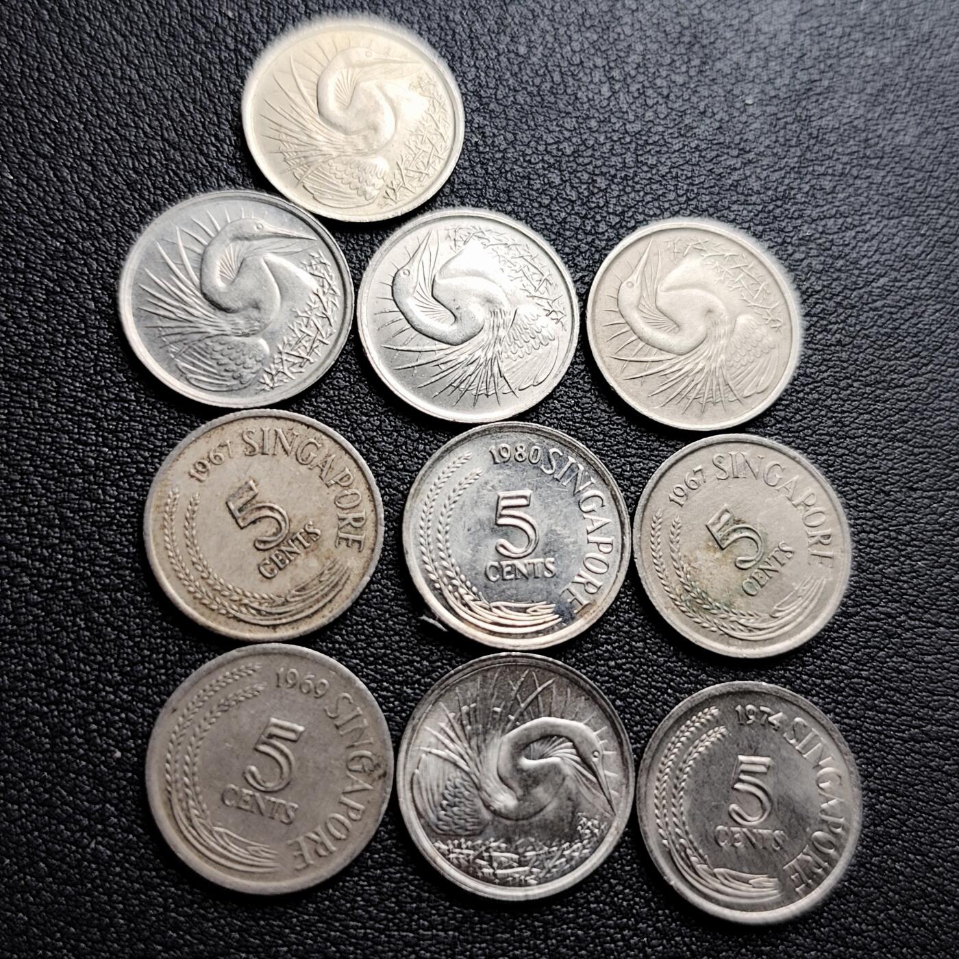 泉币菌-第227场-拍品多 请提前出价 高币值一组10枚 新加坡5分 天鹅 镍币