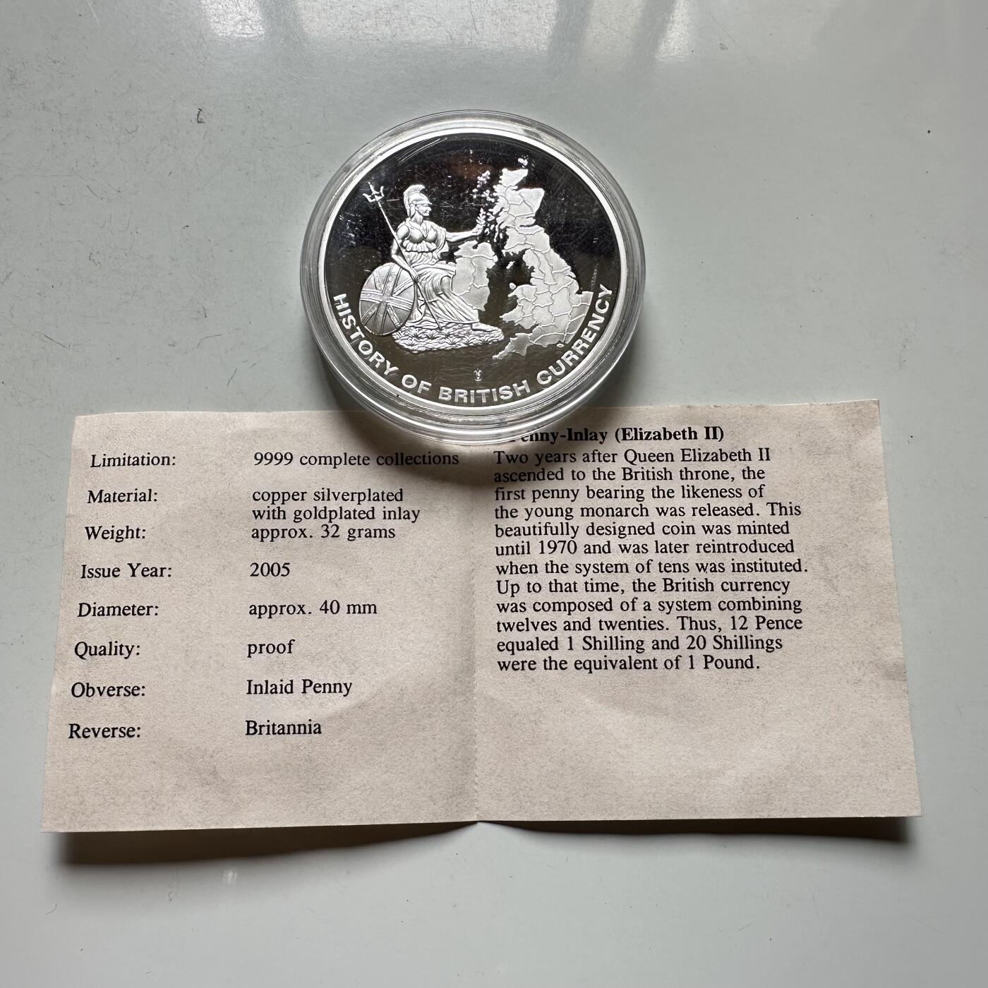 🌹外币初藏🌹🐯2026年第43场   每周二四六晚8️⃣点  世界硬币 英国 2005年 不列颠女神与1便士镶嵌纪念章（镀银镀金版 40mm）带证书