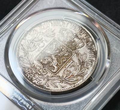 甄臻铺-世界币章拍卖（第60期），甄品场拍品征集中，送拍享返佣金等优惠多多 PCGS-AU55 比利时 1873年利奥波德二世5法郎大银币