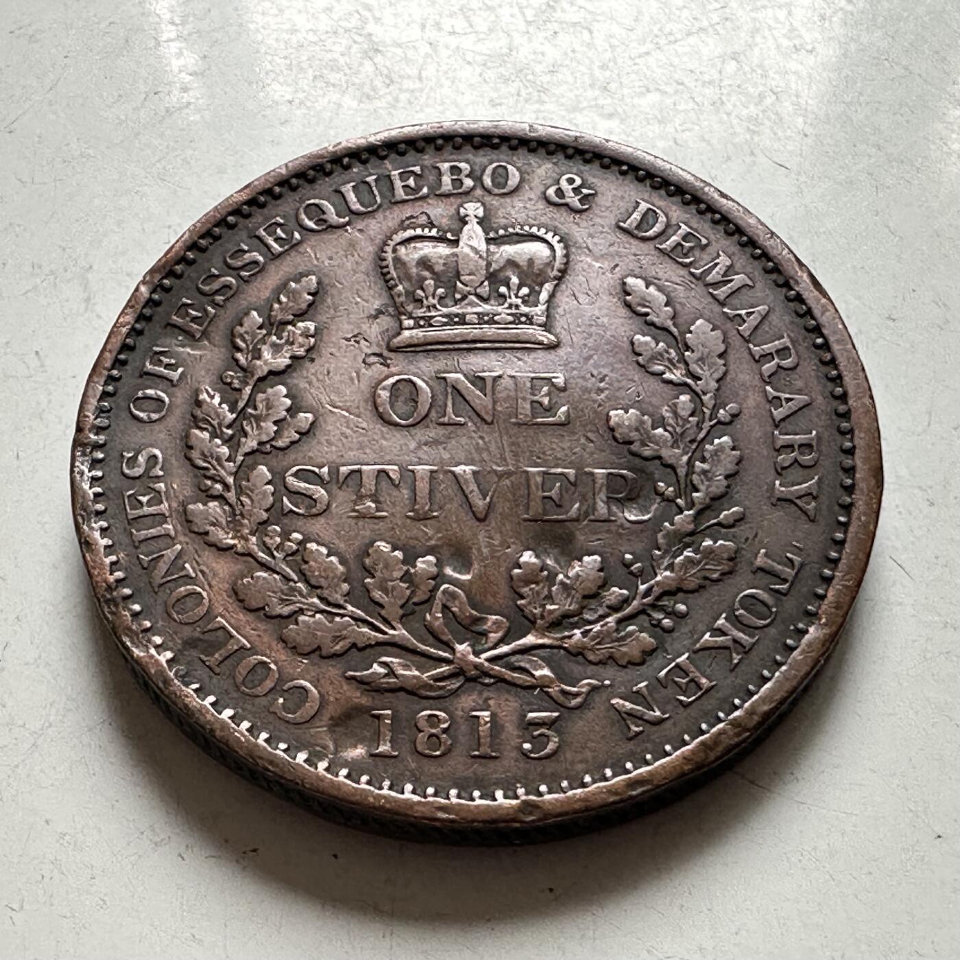 🌹外币初藏🌹🐯2026年第43场   每周二四六晚8️⃣点  世界硬币 英属埃塞奎博与德梅拉拉 1813年 乔治三世 1 Stiver  铜币 34毫米 英属圭亚那 币面微不平