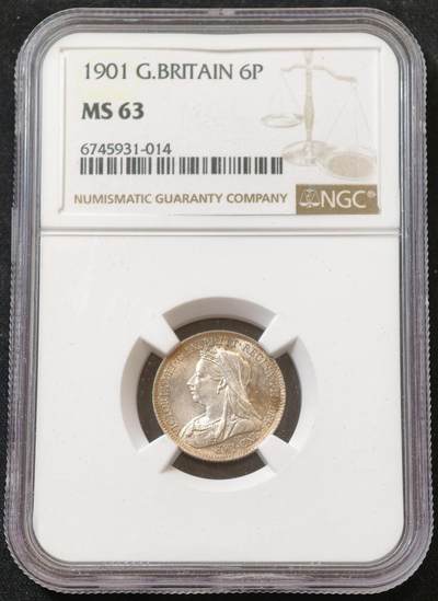 甄臻铺-世界币章拍卖（第60期），甄品场拍品征集中，送拍享返佣金等优惠多多 NGC-MS63 1901年披纱维多利亚6便士，淡紫色包浆，状态极佳