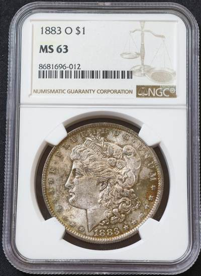 甄臻铺-世界币章拍卖（第60期），甄品场拍品征集中，送拍享返佣金等优惠多多 NGC-MS63 1883年O版美国摩根，少见年份，五彩包浆很耀眼