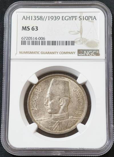 甄臻铺-世界币章拍卖（第60期），甄品场拍品征集中，送拍享返佣金等优惠多多 NGC-MS63 1939年埃及法鲁克国王10皮阿斯特银币，正面刻有法鲁克国王头像，背面阿拉伯文和花卉装饰，品相完好，包浆自然