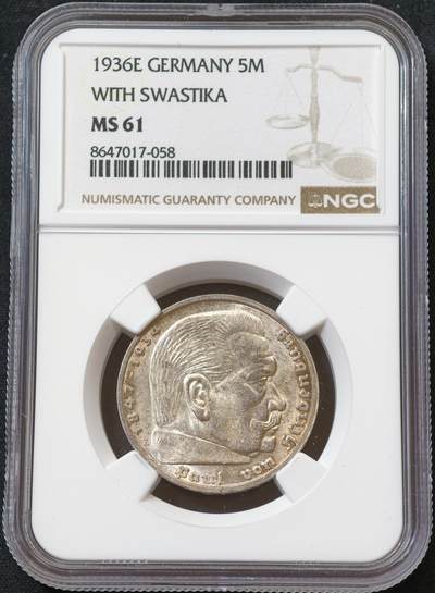 甄臻铺-世界币章拍卖（第60期），甄品场拍品征集中，送拍享返佣金等优惠多多 NGC-MS61 德国 1936年E厂 兴登堡带字5马克银币 少见厂别